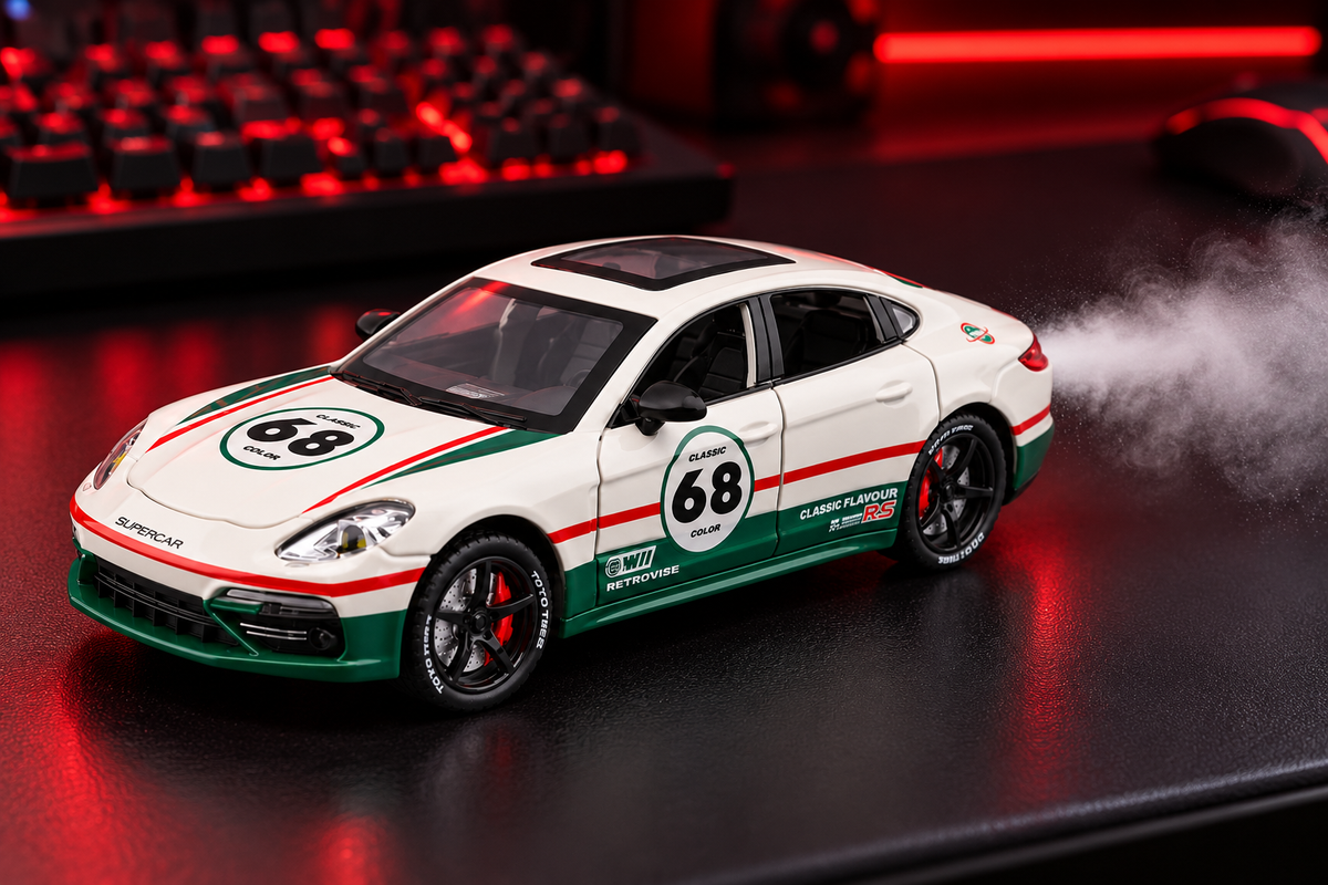 Panamera water-mist effect, AI-styled illustration