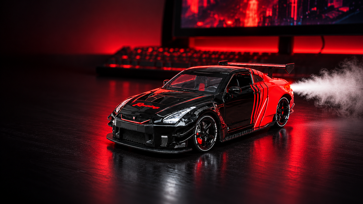 GT-R water-mist effect, AI-styled illustration